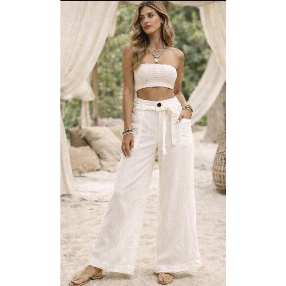 Anthropologie Wide Leg Line Blend White Flowy Pants Waist Tie Size 25